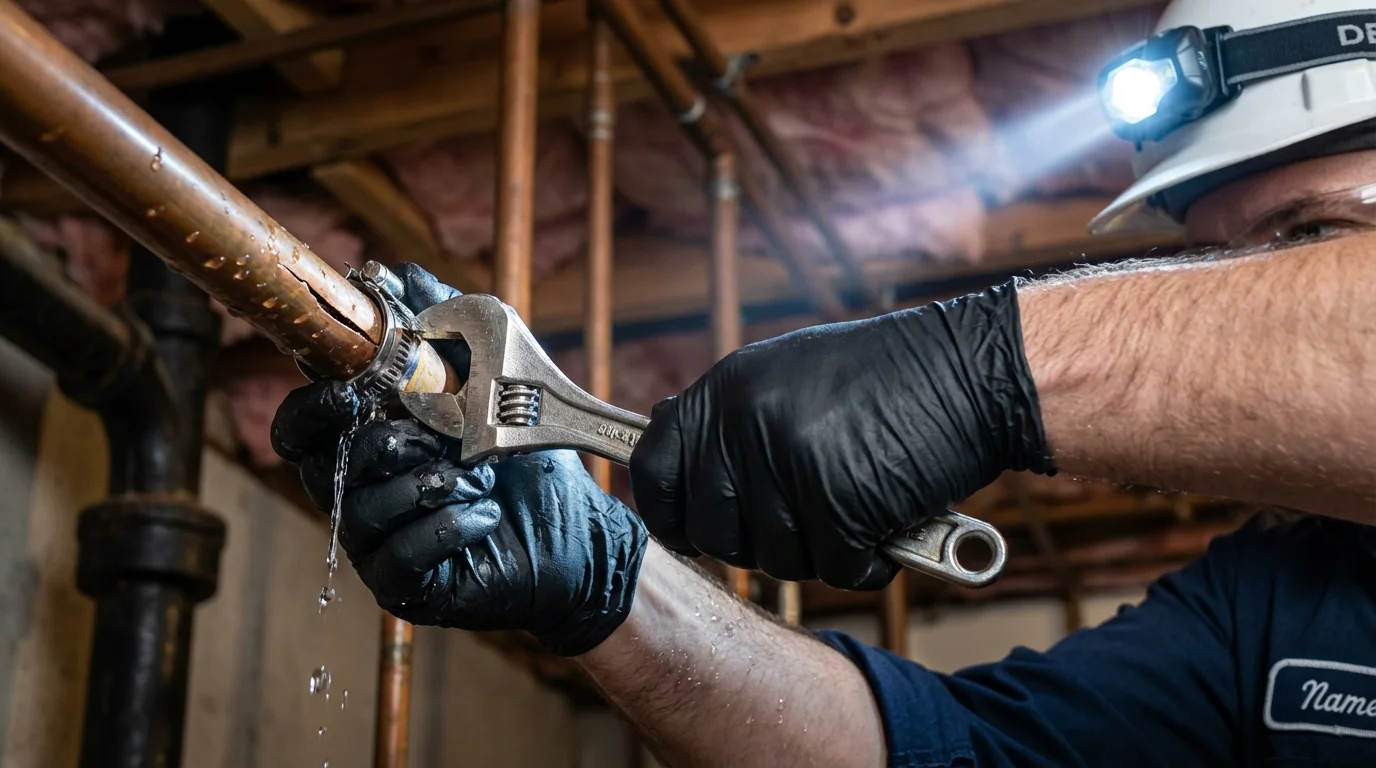 Emergency pipe clamp repair being performed by a Johns Plumbing LLC plumber in Sloatsburg