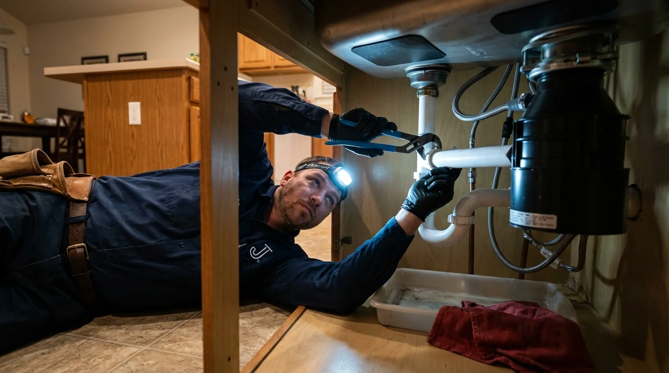 P-trap and supply line connections under a kitchen sink showing a common leak point in Sloatsburg, NY